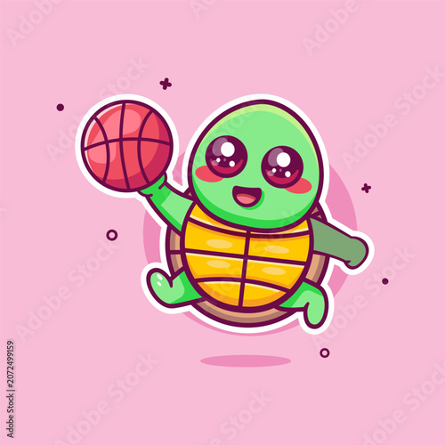 cheerful turtle animal character mascot playing basketball isolated cartoon