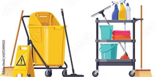фотографія Commercial cleaning service vector elements set with yellow mop bucket cart broo