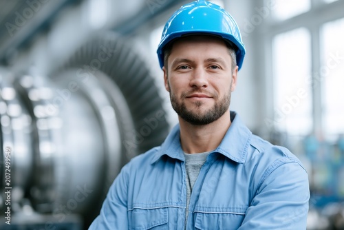 Confident male engineer smiling in a blue hard hat in an industrial factory