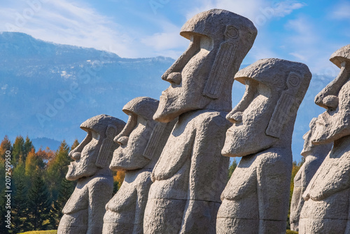 Sapporo, Japan - October 30 2025: Makomanai Takino Cemetery is a vast greenspace features a collection of 40 Moai head, a Stonehenge replica and a giant Buddha statue.