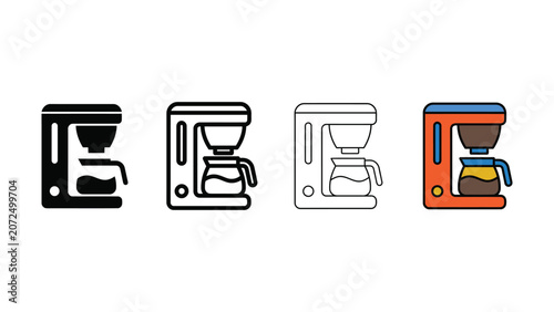 Collection of four distinct coffee maker icons with varying styles from solid fill to outline and color variations