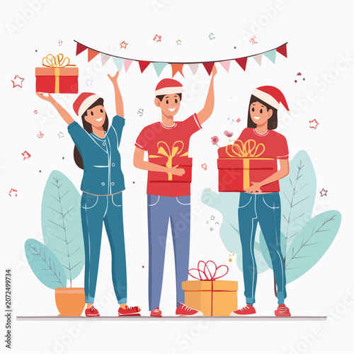 Friends Celebrating Christmas with Gifts and Decorations