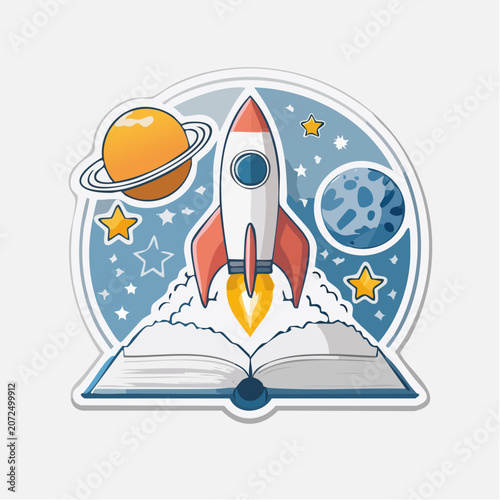 Rocket Launching from Open Book with Planets and Stars