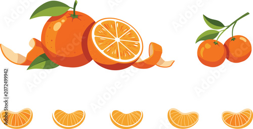 Foto Fresh orange citrus fruits vector elements set featuring whole fruit half slice