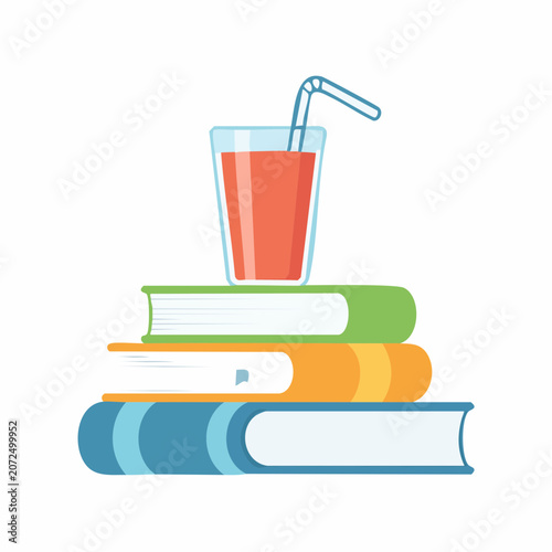 Stack of Books with a Glass of Juice and Straw