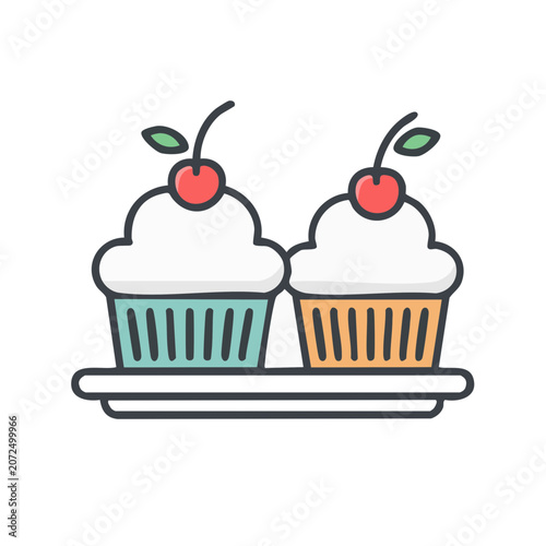 Two cupcakes with cherries flat vector illustration