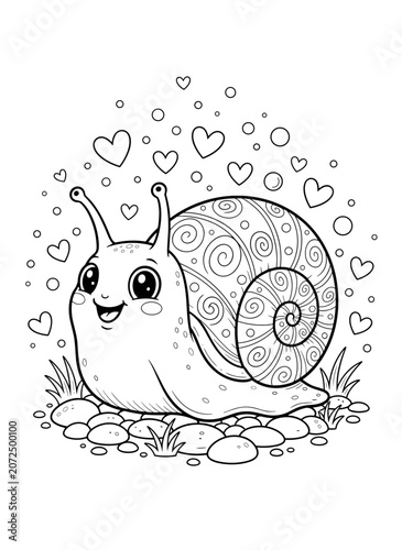 Cute snail coloring page for kids, cartoon snail vector illustration with hearts and bubbles, black and white line art coloring book page