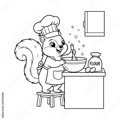 Cute squirrel chef coloring page, cartoon animal baking in the kitchen vector, black and white outline illustration for kids activity book