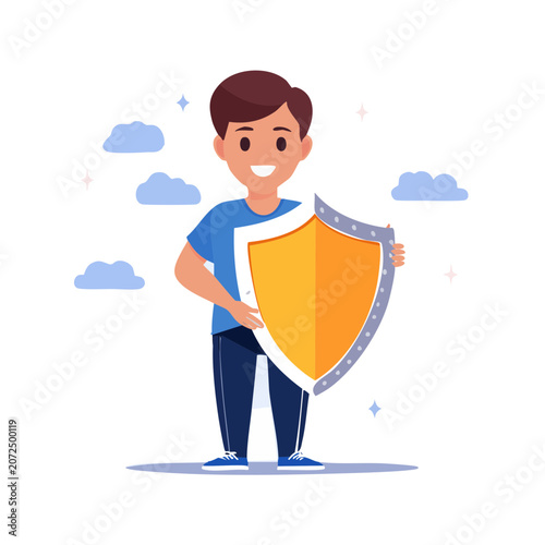 Cartoon boy holding a shield, flat vector illustration