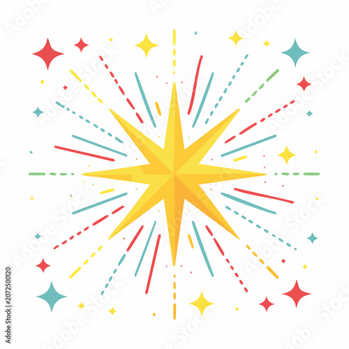 Bright Yellow Starburst with Colorful Rays and Stars