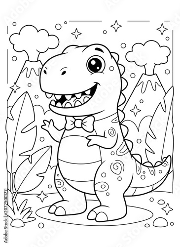 Cute dinosaur coloring page for kids, cartoon T-Rex outline vector illustration, prehistoric landscape coloring book sheet
