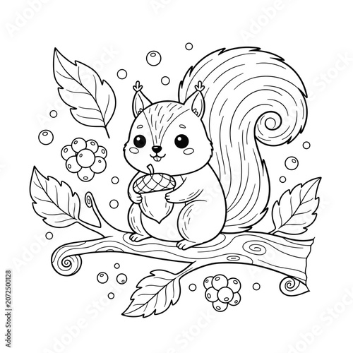 Cute squirrel coloring page for kids, adorable forest animal vector illustration, black and white line art of squirrel with acorn on a branch