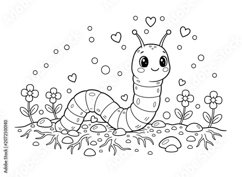 Cute caterpillar coloring page for kids, cartoon worm vector illustration, black and white outline drawing with flowers and hearts