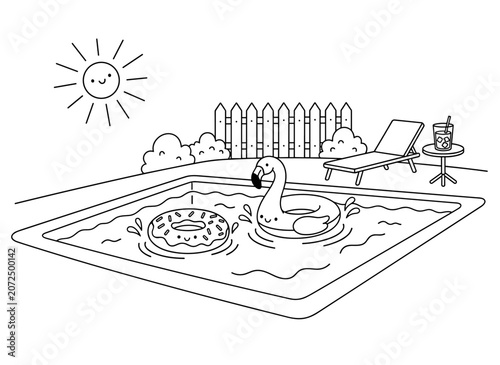 Cute summer swimming pool coloring page, hand drawn backyard pool scene vector, kawaii flamingo and donut floats illustration