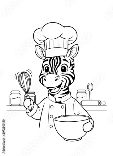 Cute zebra chef coloring page, cartoon animal baker vector illustration, black and white outline of zebra cooking in kitchen