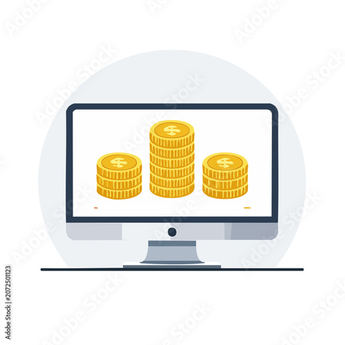 Gold coins displayed on computer screen vector illustration