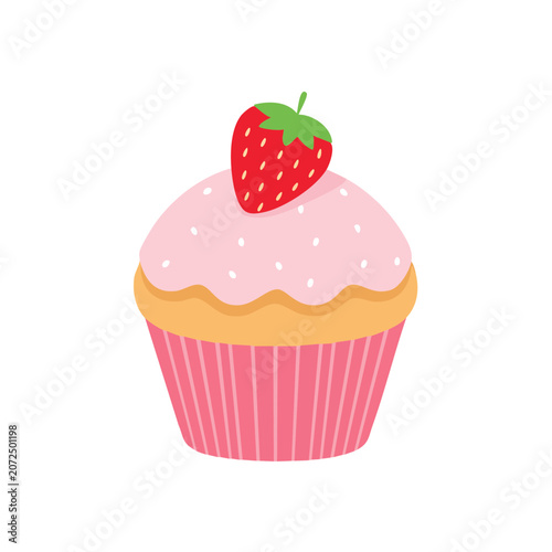 Pink cupcake with strawberry flat vector illustration