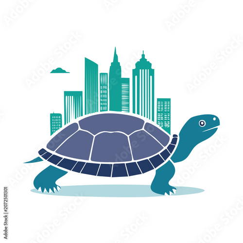 Turtle carrying city skyline flat vector illustration