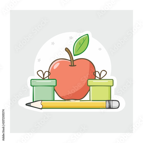 Apple with pencil and gift boxes flat illustration