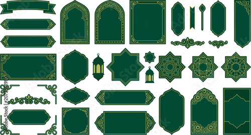 Bild auf Leinwand Decorative islamic style borders and frames set with lanterns in dark green and