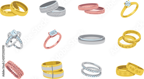 Wedding and engagement rings vector icons set with gold silver platinum and rose gold diamond jewelry bands isolated on white background (21 words)