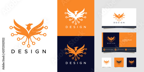 Digital phoenix logo design with circuit elements, presented in various color schemes and on business card mockups, showcasing branding versatility.