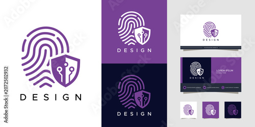 A modern logo design featuring a purple fingerprint icon combined with a shield containing circuit board elements, presented on various backgrounds and business cards, symbolizing digital security and