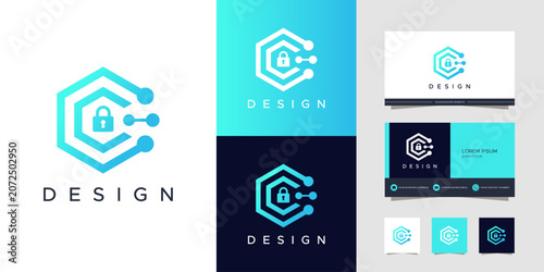 Modern hexagonal security network logo design concept with padlock icon and business card mockups in gradient blue.