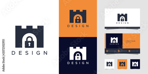 A professional logo design featuring a stylized castle or fortress with an integrated padlock icon, presented in various color schemes and business card mockups.