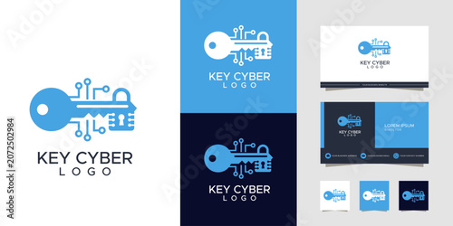 Modern blue key and cyber security padlock logo design with integrated circuit elements, presented on various backgrounds and branding mockups including business cards and icons.