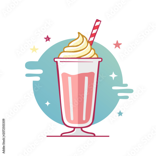 Pink milkshake with whipped cream and straw vector illustration