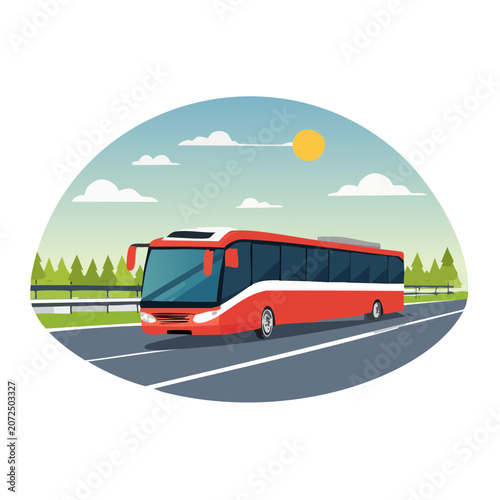 Red bus on highway in flat illustration style