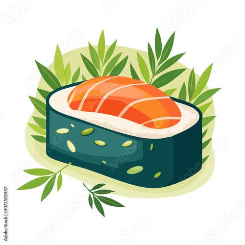 Salmon sushi roll vector illustration with bamboo leaves