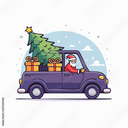 Santa Claus driving a truck with Christmas tree and gifts