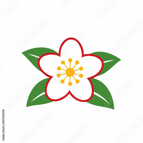 Stylized White Flower with Red Outline and Green Leaves