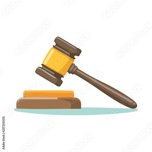 Wooden judge gavel with block, flat vector illustration