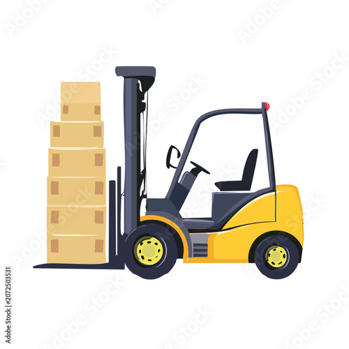 Yellow forklift truck with stacked cardboard boxes