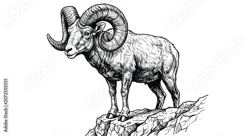 Obraz na płótnie Vintage ram illustration with large curved horns, bighorn sheep standing on a ro