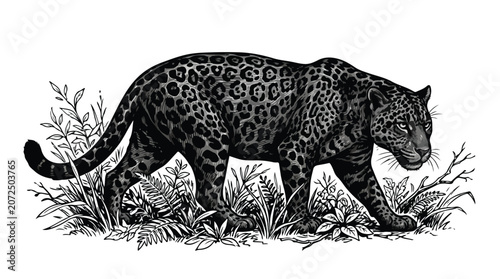 Photography Vintage jaguar illustration in woodcut style, black and white leopard vector art