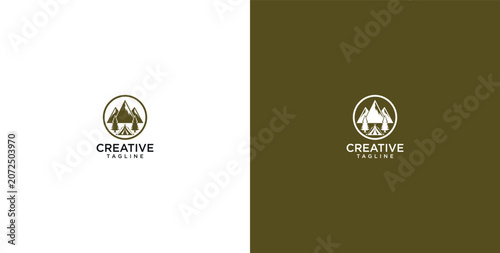 Obraz na plátně Minimalist nature logo design featuring a mountain peak and pine trees enclosed
