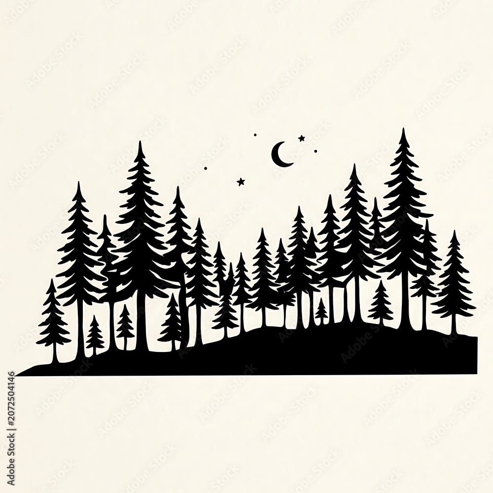 Obraz premium Black silhouette of a pine forest at night with a crescent moon and small stars, isolated on a textured off-white background
