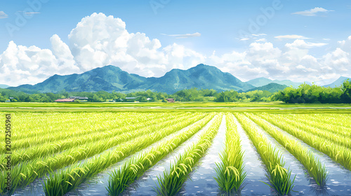 Lush Green Rice Paddy Field Under a Sunny Sky