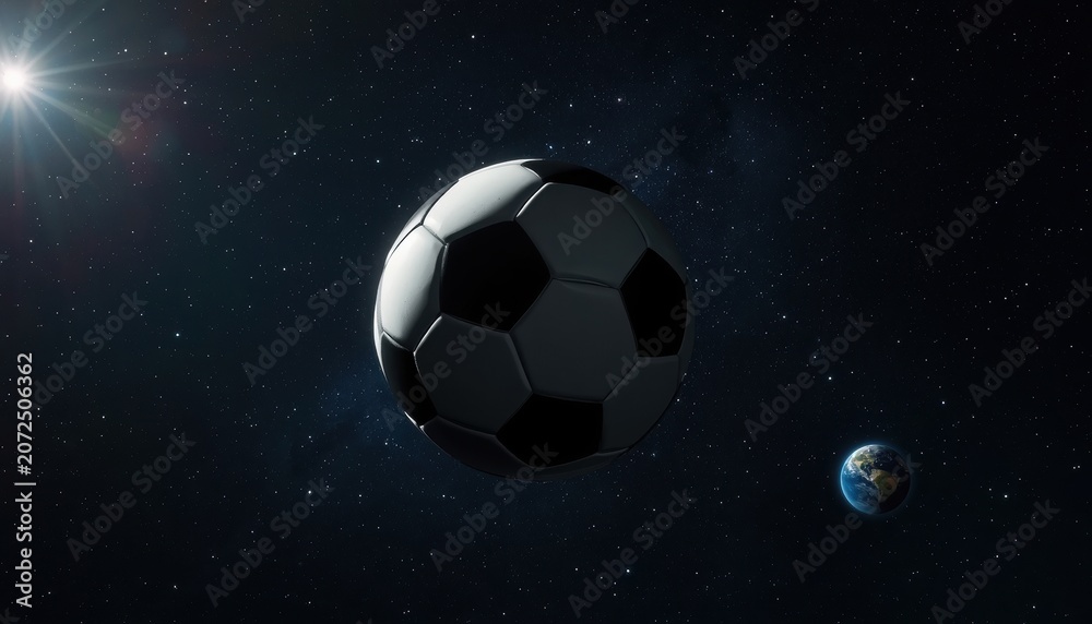 Naklejka premium Soccer ball floating in space with planet earth in the background universe football international astronomy abstract competition tournament perspective creative conceptual infinite