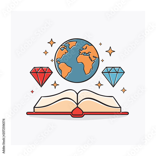 Open book with globe and diamonds, representing knowledge and value