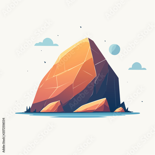 Stylized Mountain Peak with Geometric Facets and Clouds