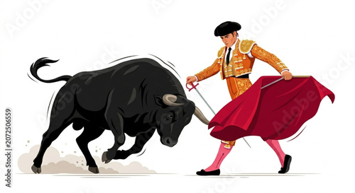 Foto Traditional Spanish Bullfight Illustration with Matador and Charging Black Bull
