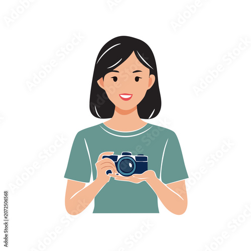 Woman holding camera flat vector illustration