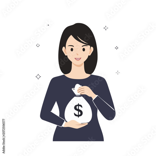 Woman holding money bag in flat vector style