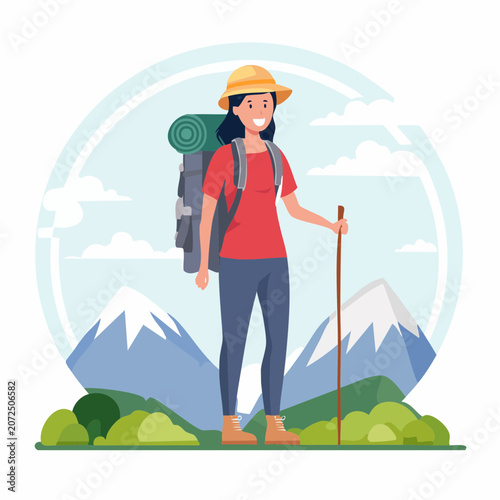 Woman hiker with backpack and trekking pole in mountains