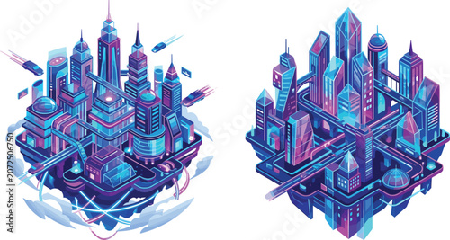 Foto Two isometric futuristic cyberpunk floating city metropolis islands with skyscra